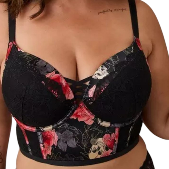 Torrid Curve XO Plunge Push-Up Longline Bra Black Lace Variety Skulls 40DD NWOT - Picture 1 of 16